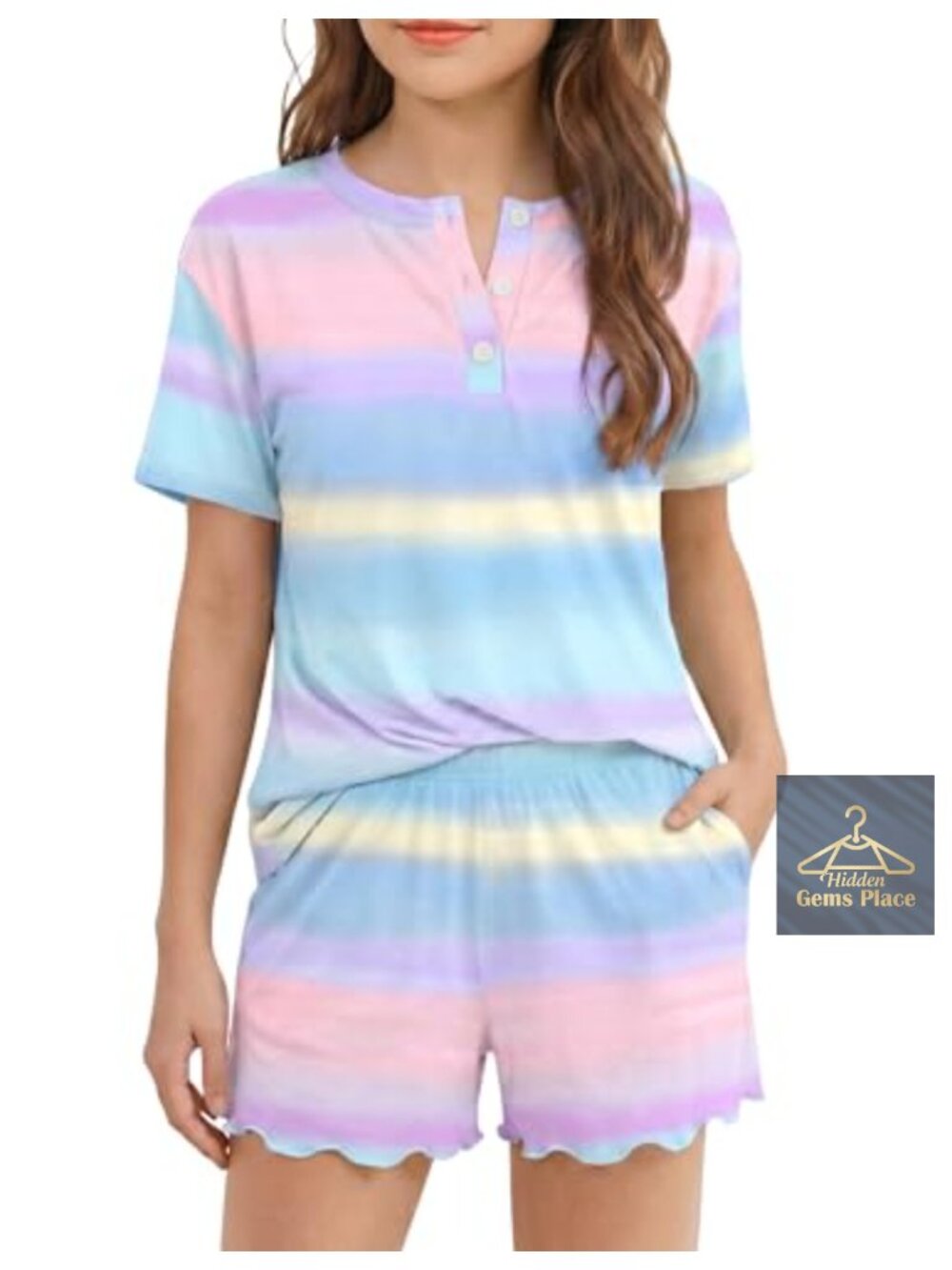 Girls Pajama Set Short Sleeve Button Henley Ruffle Shorts Lounge Sleepwear